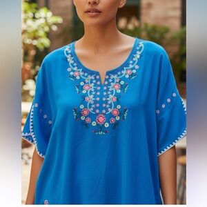 Ashore Aley Mexican embellished embroidered cotton vibrant blue top size xlg
